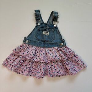 OshKosh B'gosh denim Blue pink floral dress overall Jean vestbak 9-12 mo girls